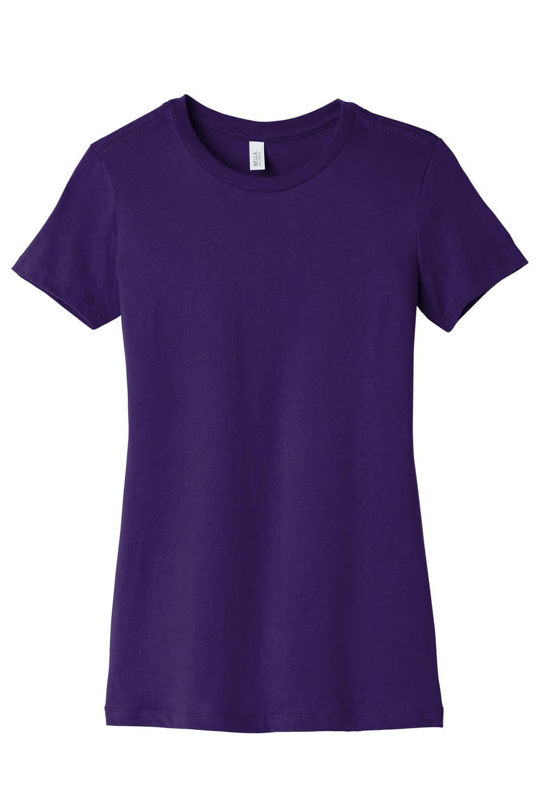 A purple women's t-shirt with short sleeves and a crew neck, featuring a logo on the label.