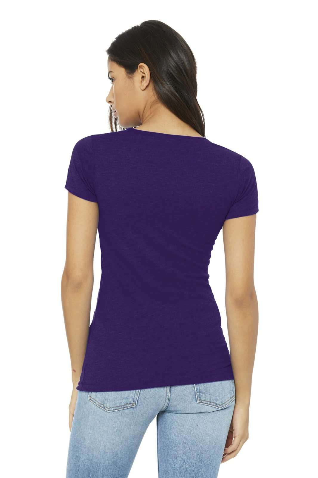 A fitted women's t-shirt in purple, featuring short sleeves and a rounded neckline, with a visible logo.
