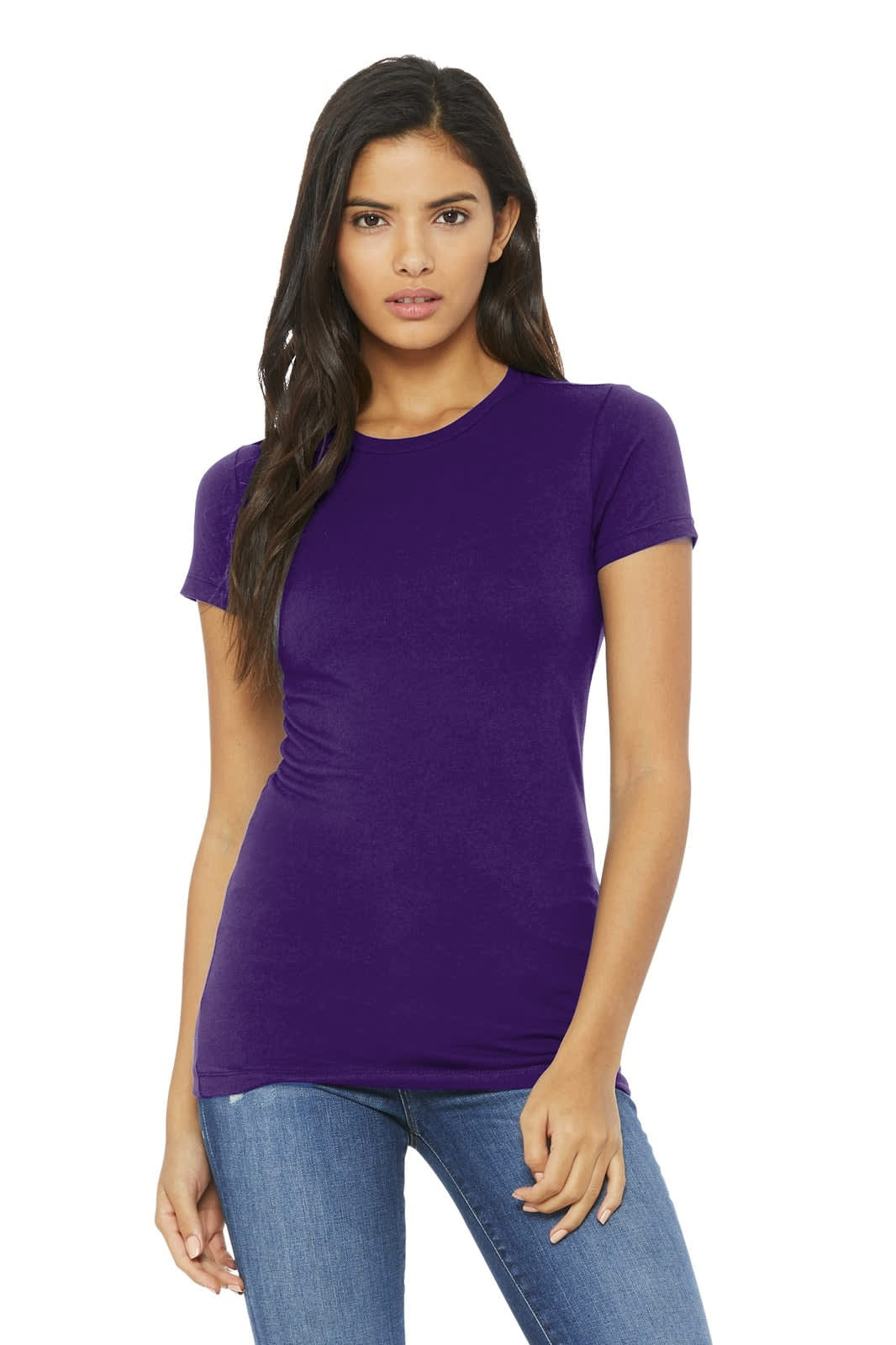A woman wearing a purple fitted t-shirt, paired with blue jeans, with a branding logo.