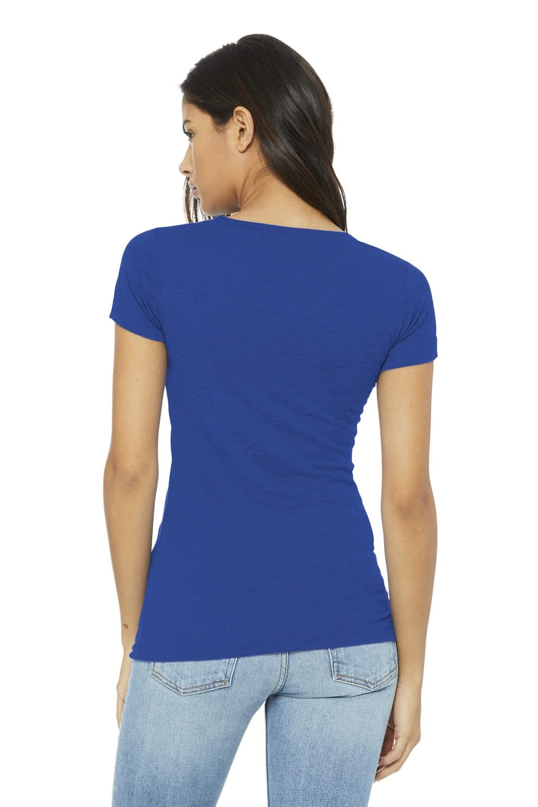 A blue women's t-shirt with short sleeves and a fitted design, featuring a logo on the back.