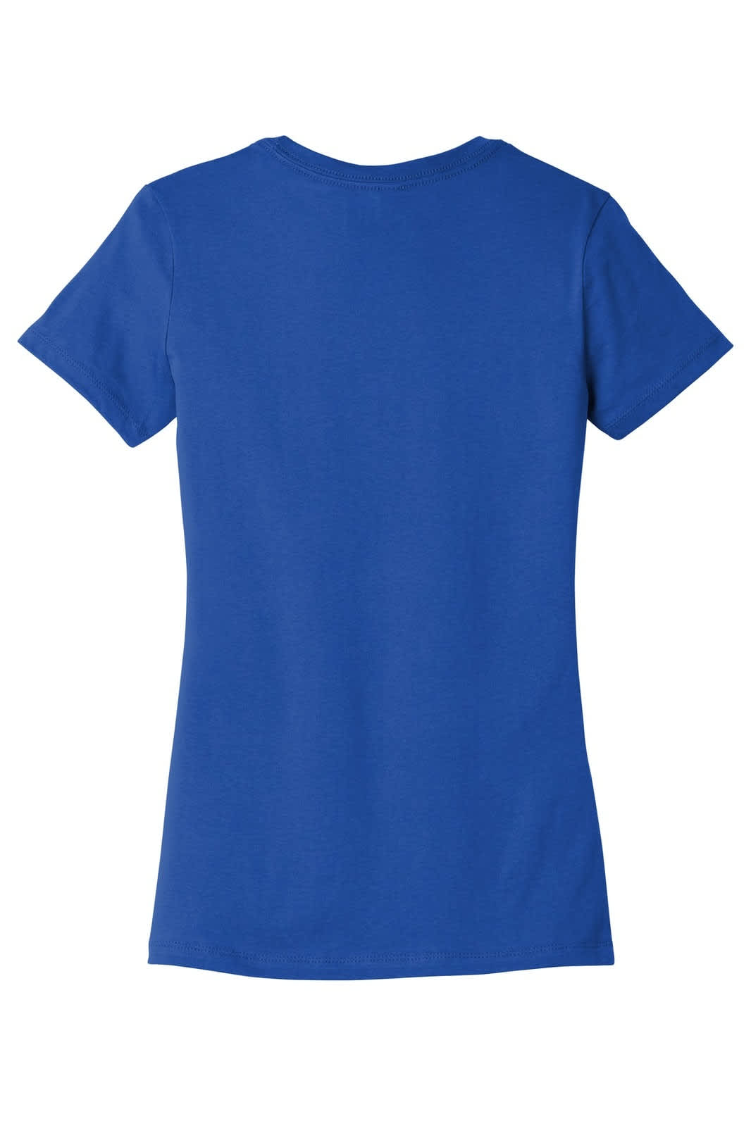 A blue women's t-shirt with short sleeves and a rounded neckline, featuring a logo on the back.