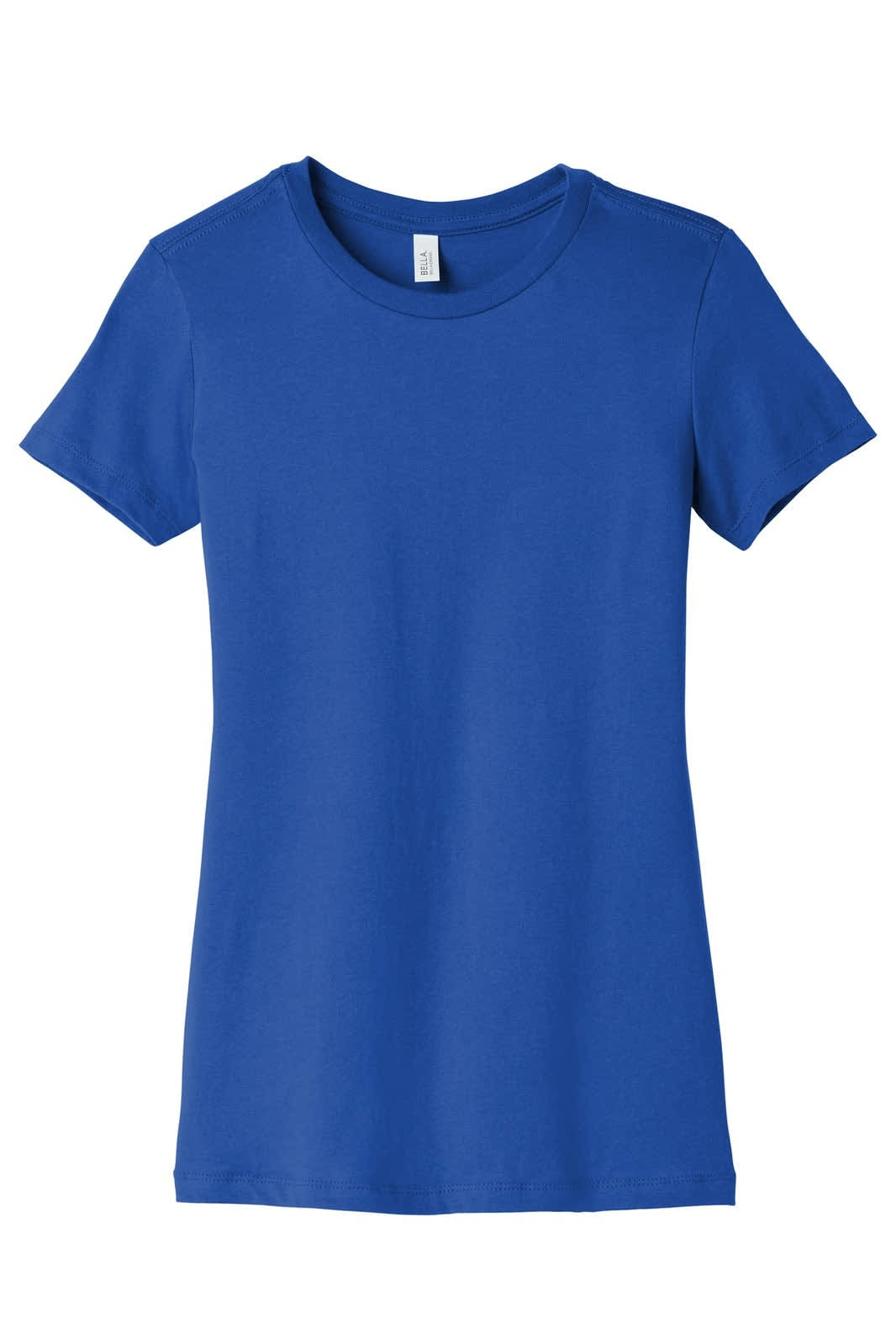 A blue women's t-shirt with a classic crew neck and short sleeves, featuring a logo.
