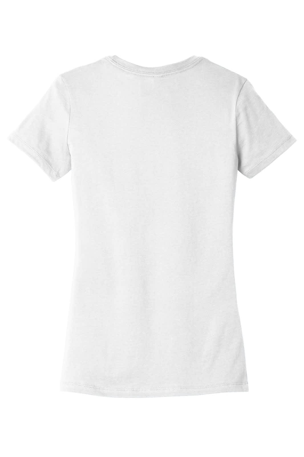 A white women's t-shirt with a fitted design and short sleeves, featuring a branding logo.