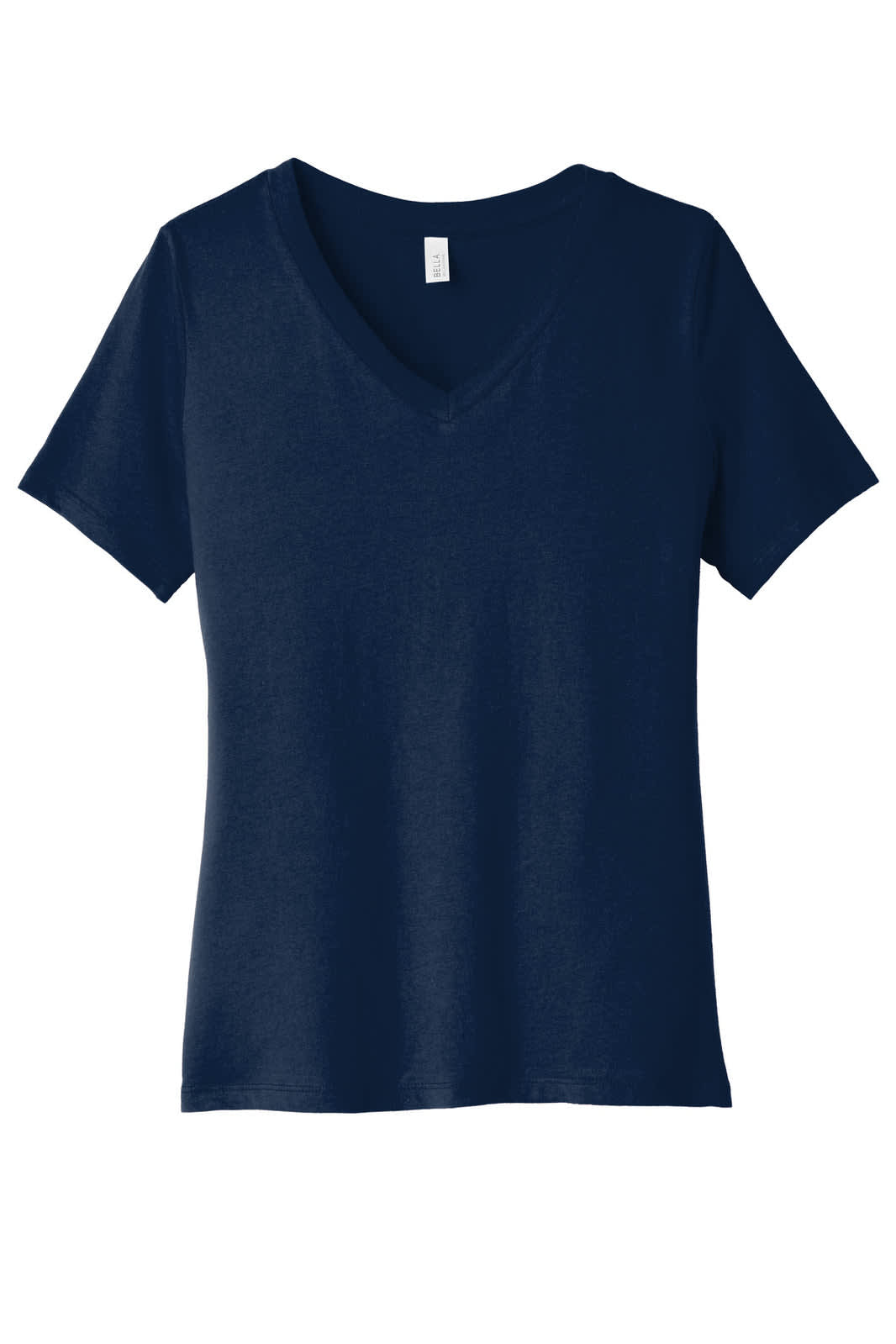 A navy women's relaxed jersey short sleeve V-neck tee with a simple design and a branding label.