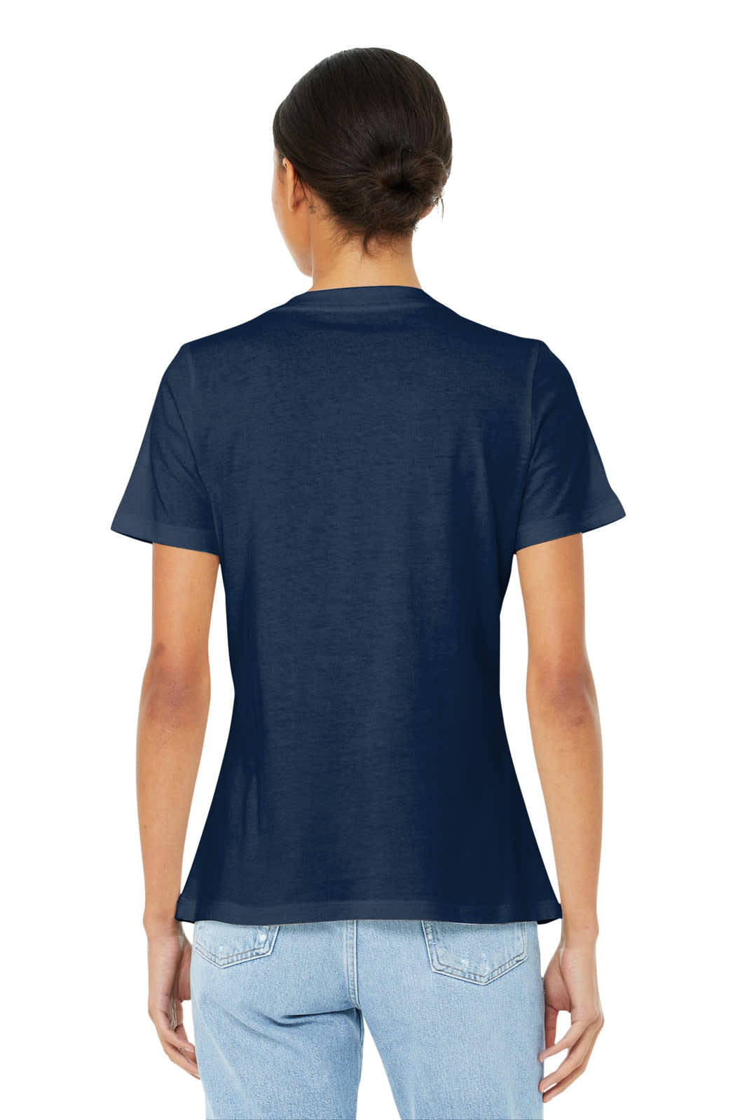 A women's relaxed jersey short sleeve V-neck tee in navy, featuring a simple design and a logo.