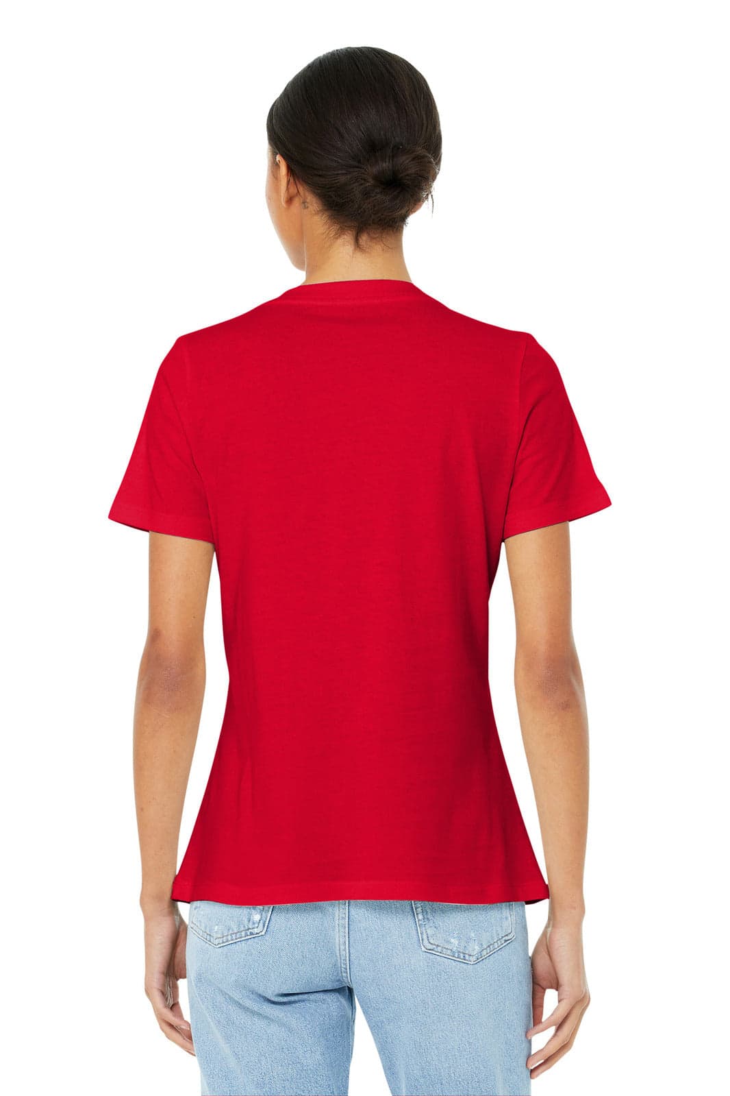 A red relaxed jersey short sleeve V-neck tee, viewed from the back, with a sleek fit and no visible logos.