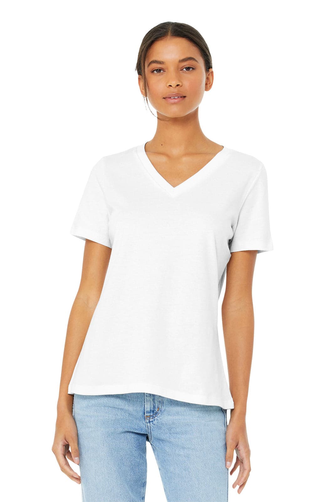 A relaxed white V-neck T-shirt for women, featuring short sleeves and a soft jersey fabric.