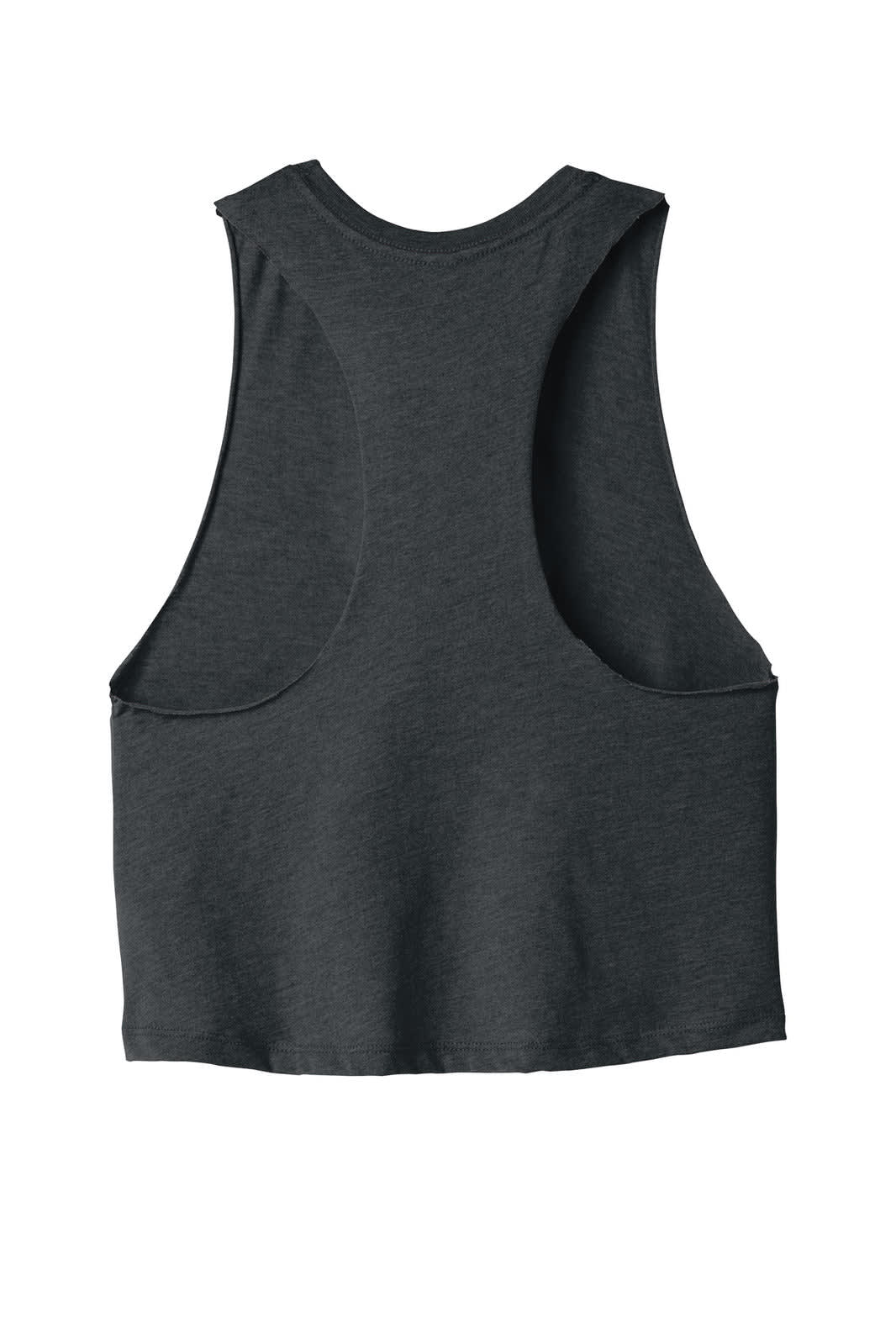 A dark grey women's racerback cropped tank top with a loose fit and wide armholes, featuring a logo.