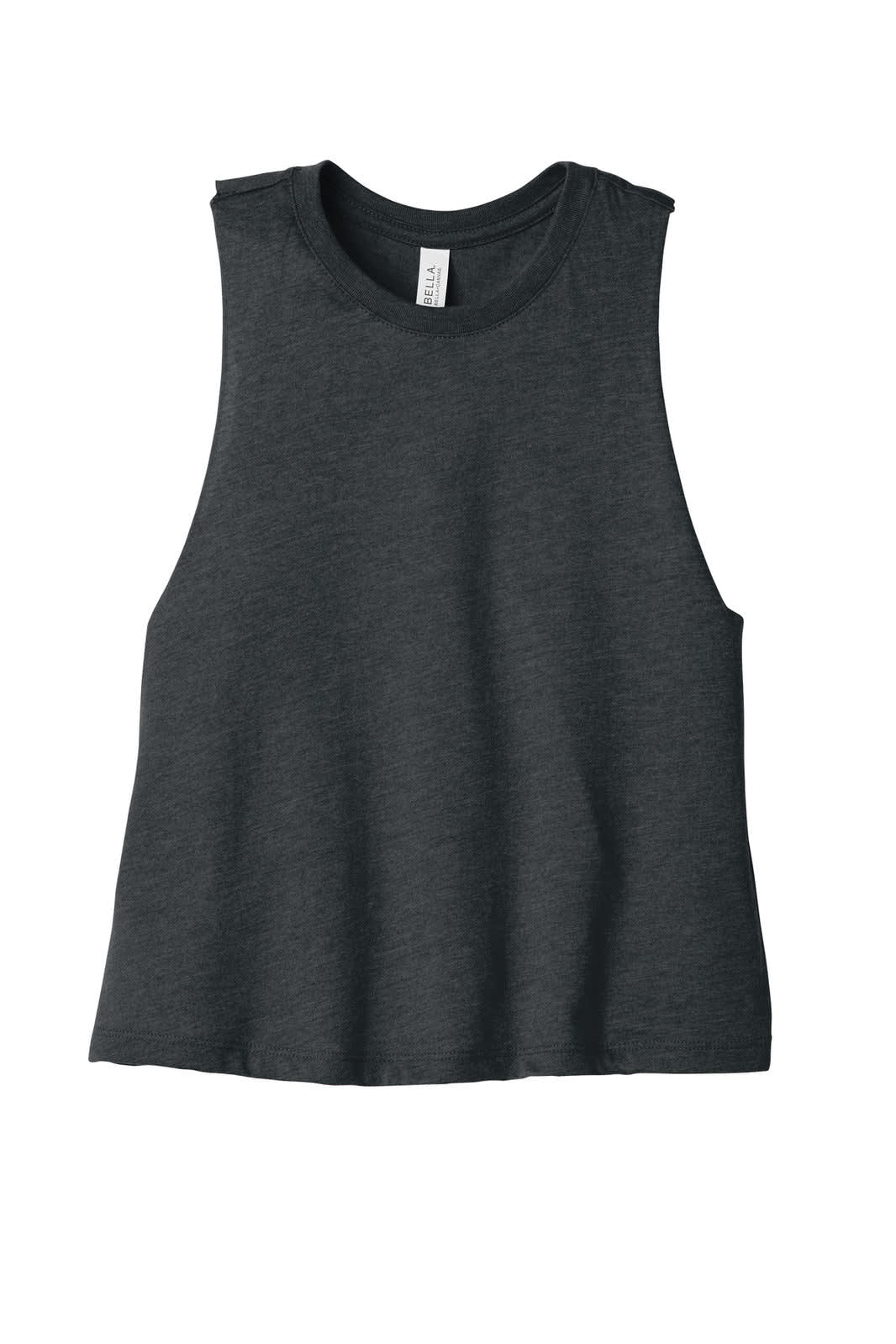 A dark grey women's racerback cropped tank top with a loose fit and raw edges. It features a logo on the label.