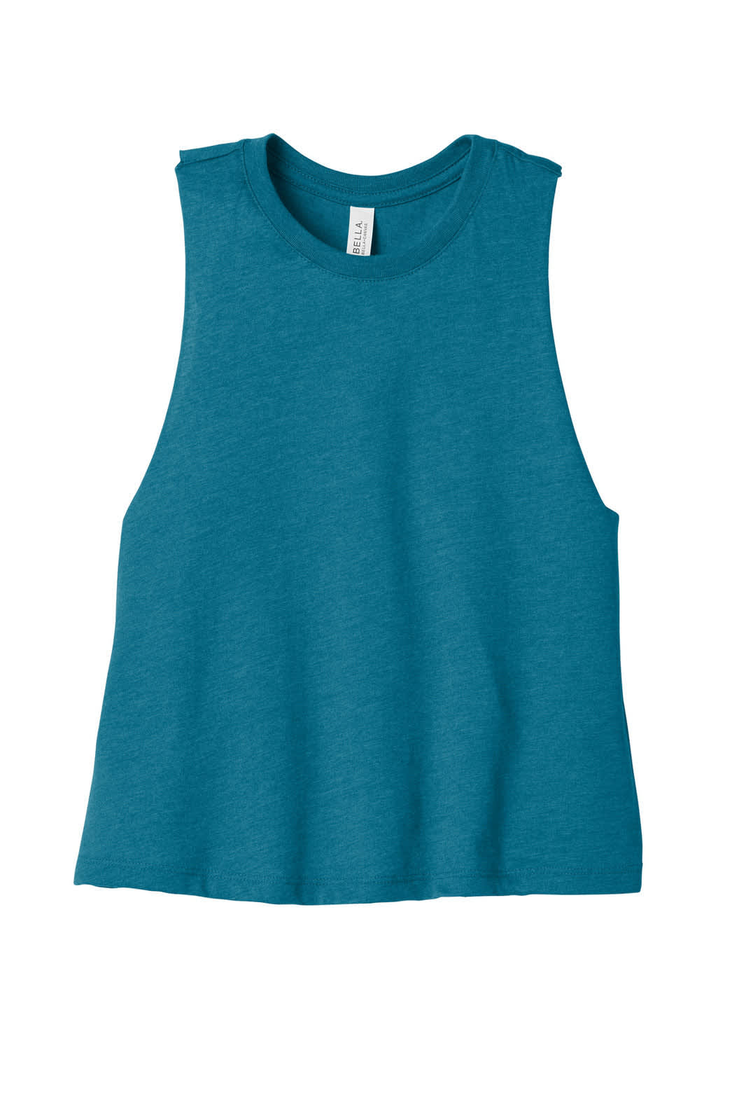 A teal women's racerback cropped tank top with a relaxed fit and a logo on the label.