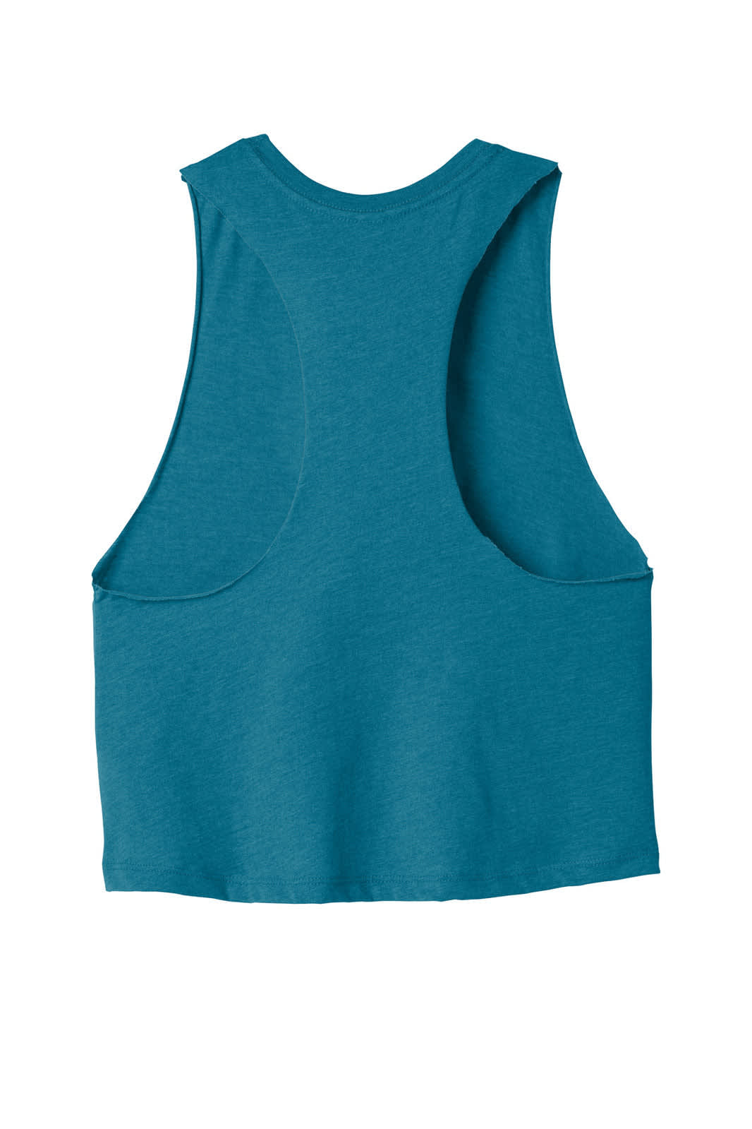 A teal women's racerback cropped tank top with a relaxed fit and a logo on the back.