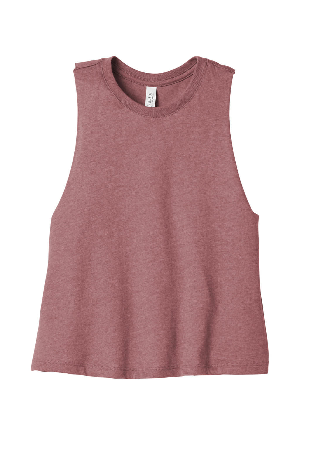 A women's cropped tank in a muted mauve colour, featuring a sleeveless design and a logo on the label.