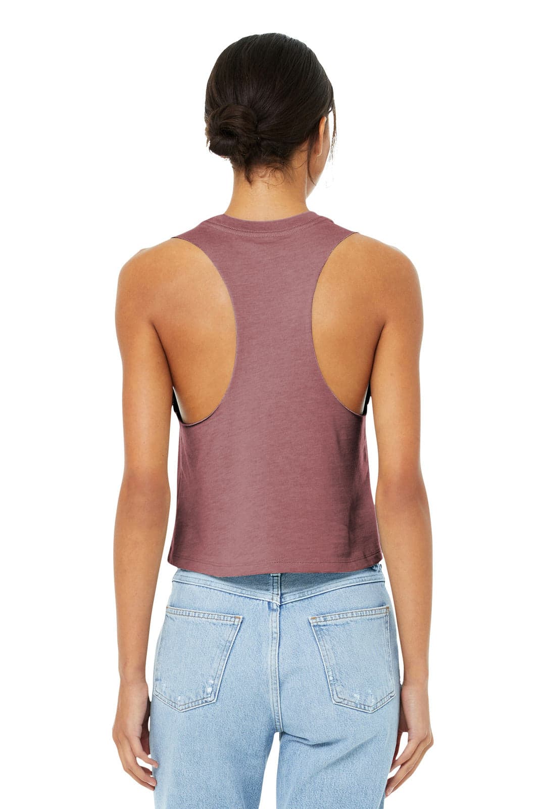 A women's racerback cropped tank in a maroon colour, featuring an open back design. Includes branding.