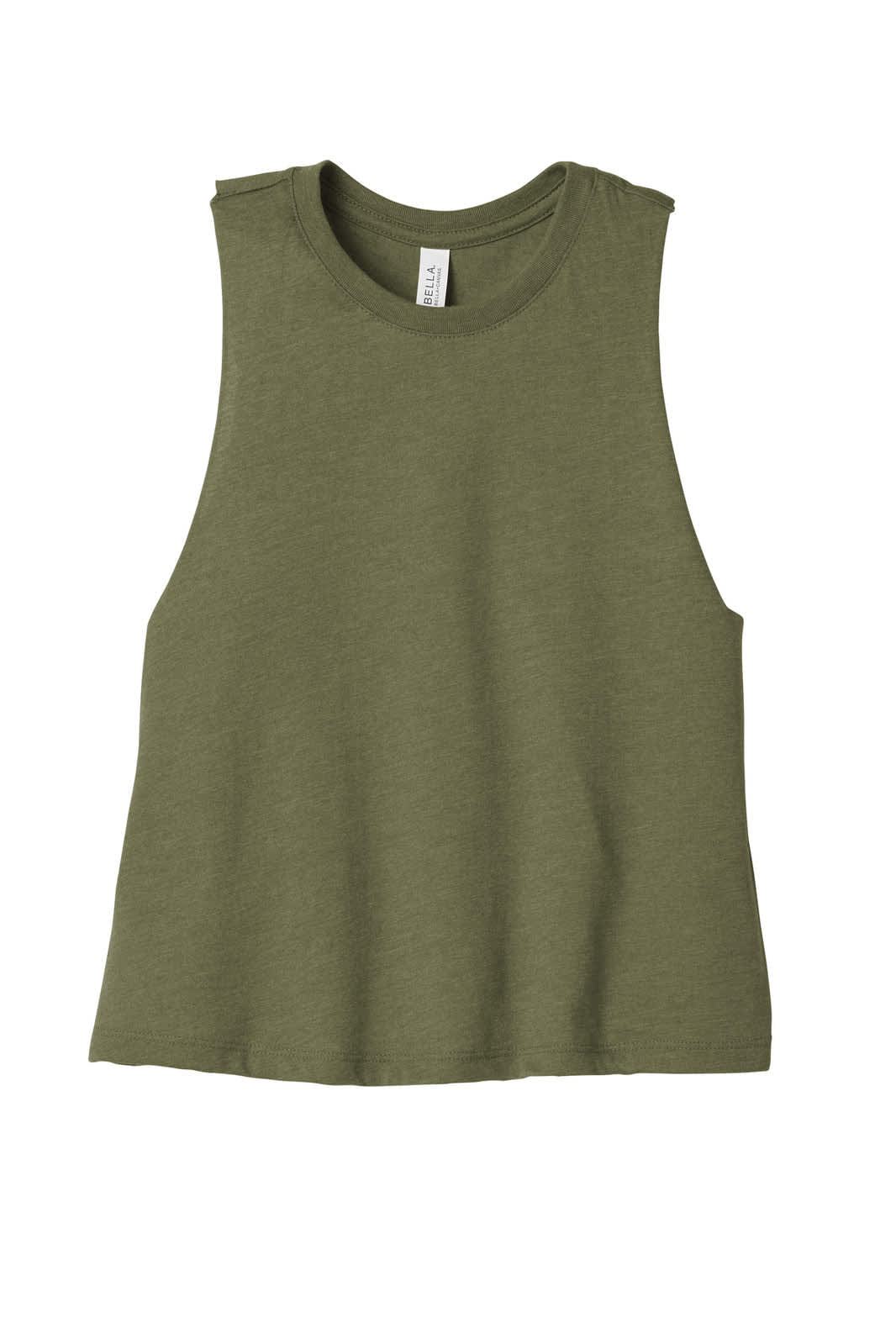 A women's cropped tank top in olive green with a relaxed fit and sleeveless design. It features a small logo.