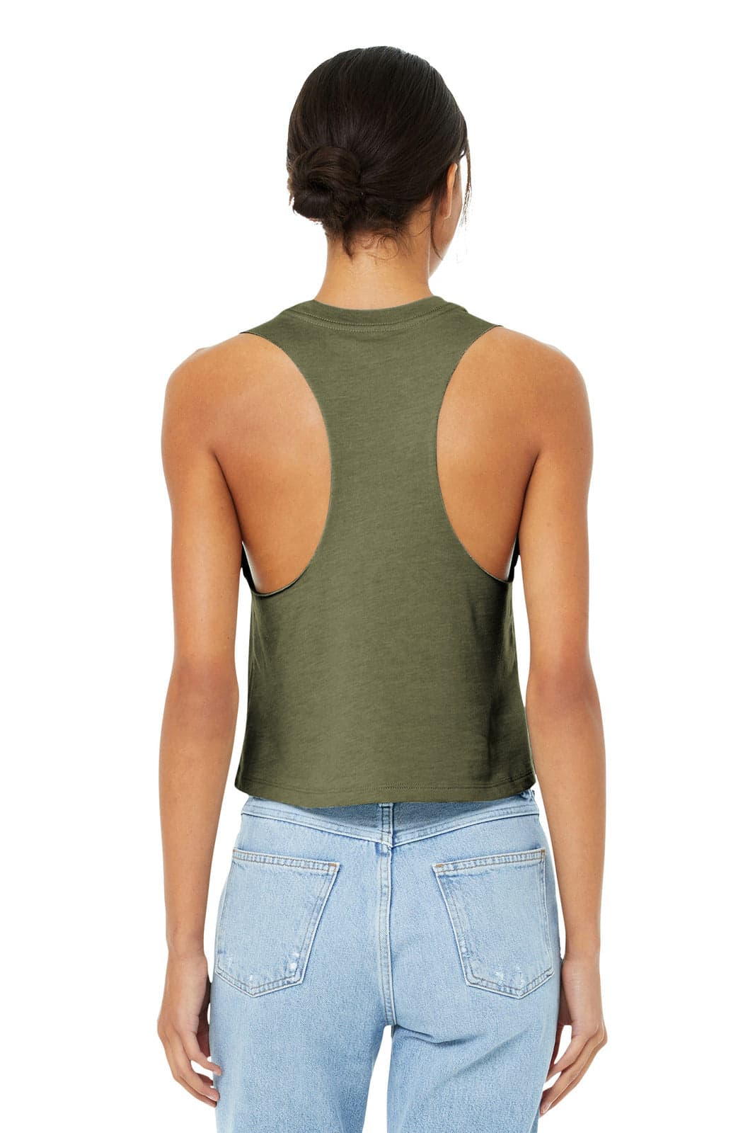 A cropped, women's racerback tank in olive green, featuring an open-back design.
