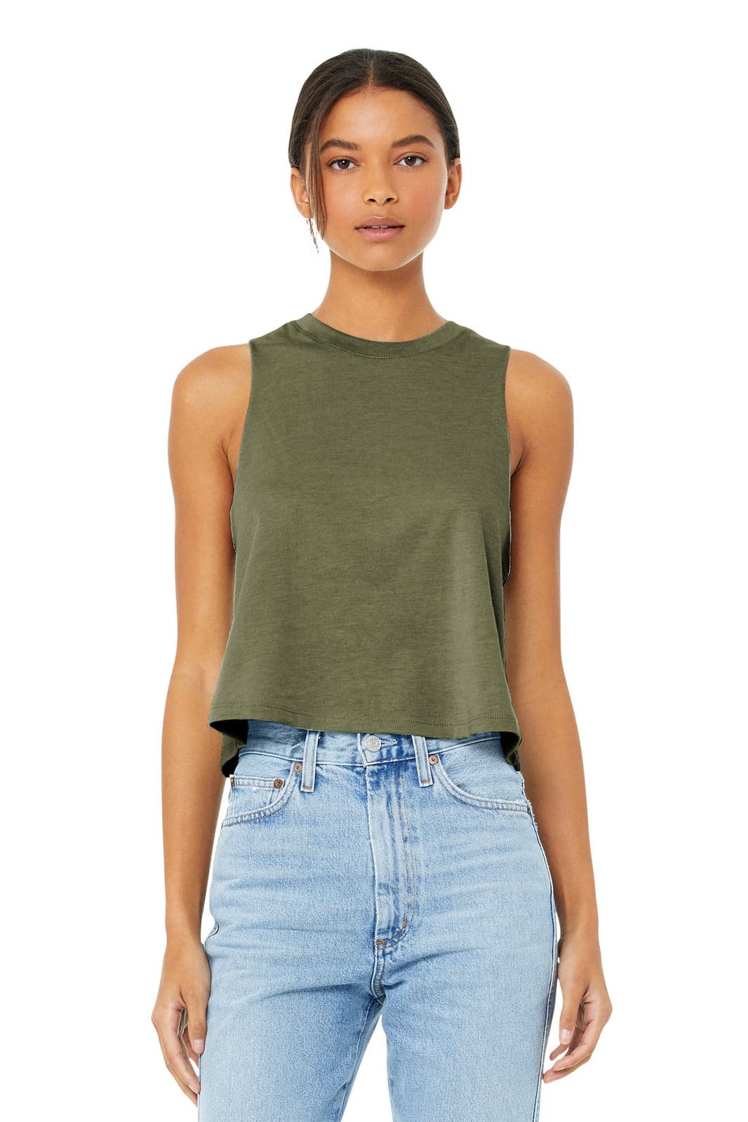 A model wears a women's cropped tank top in olive green, featuring a racerback design and a relaxed fit.
