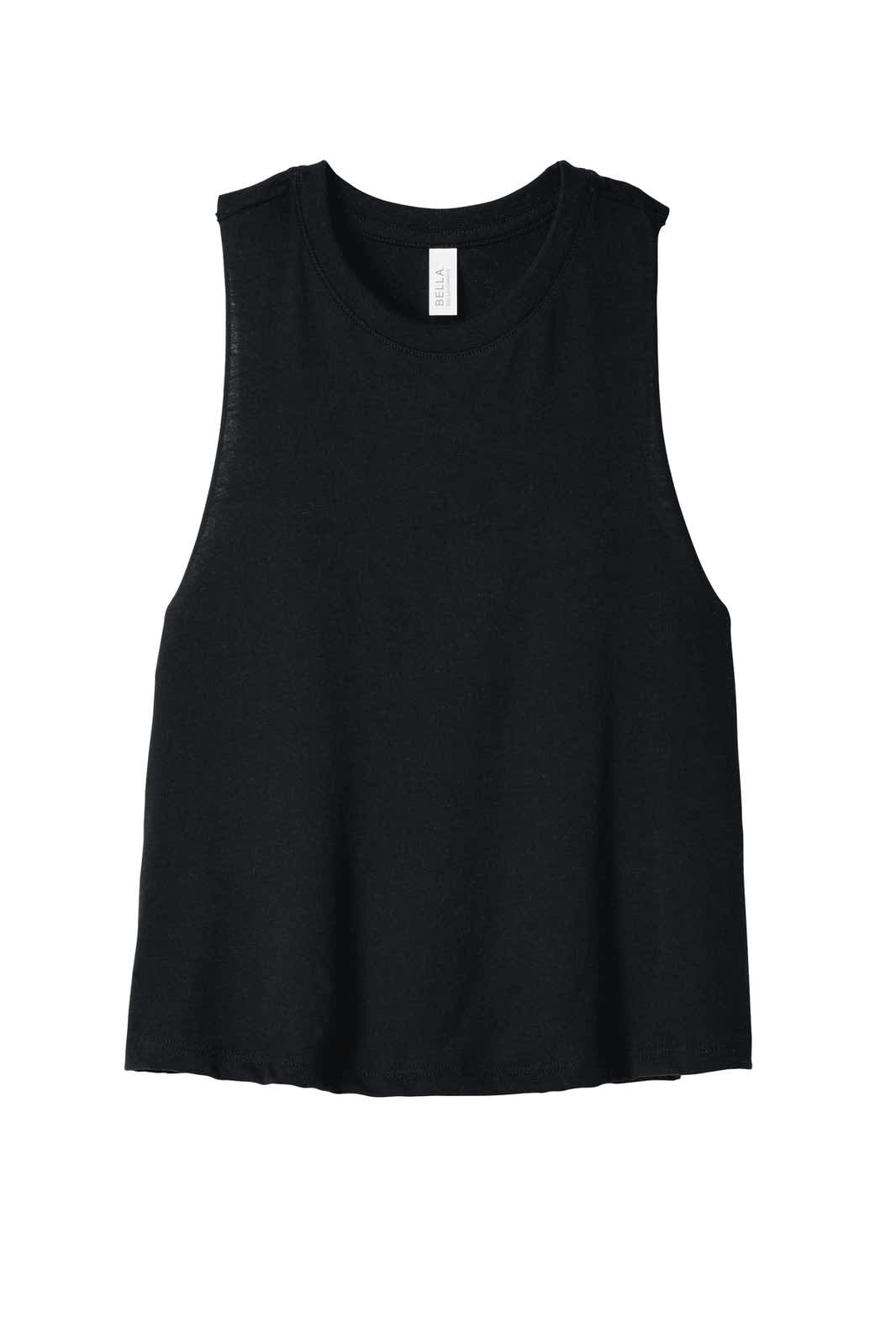 A black women's cropped tank top with a racerback design and a simple, sleeveless cut. It features a logo tag.