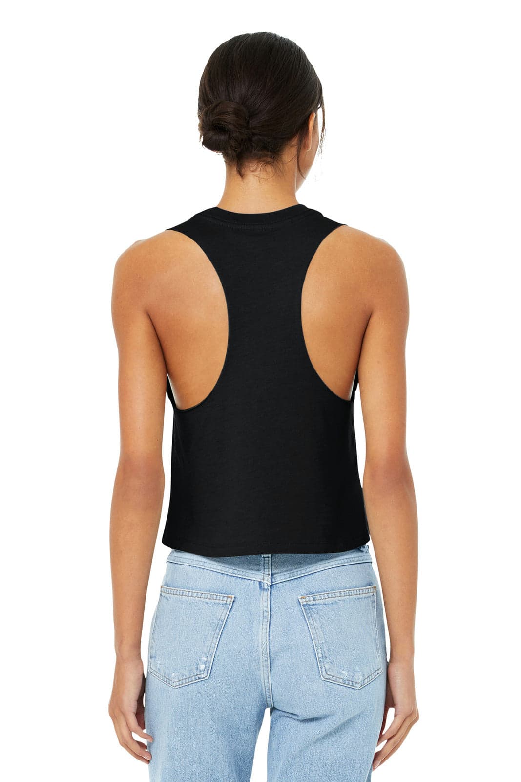 A black cropped tank top with a racerback design, featuring an open back and paired with light blue jeans.