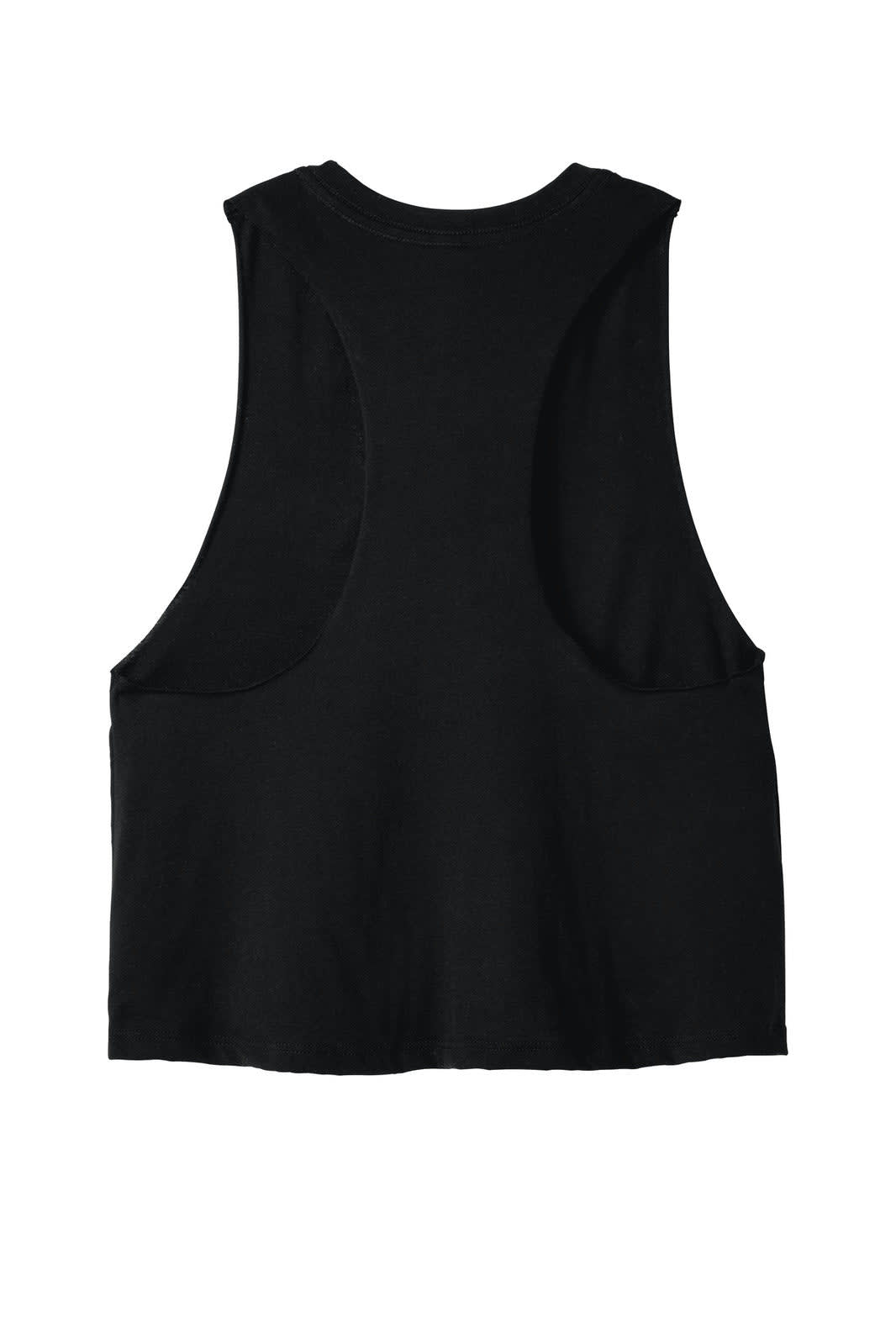 A black women's racerback cropped tank top with a relaxed fit and cut-out design at the back.