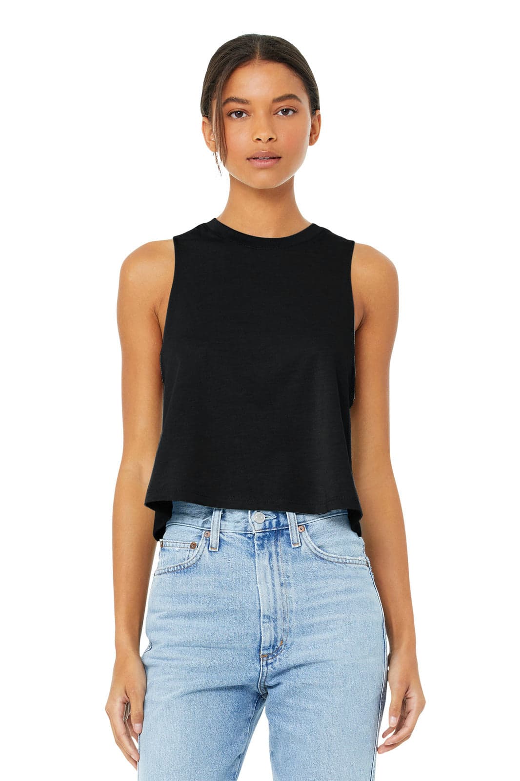 A women's black cropped tank top with a racerback design, paired with light blue jeans.