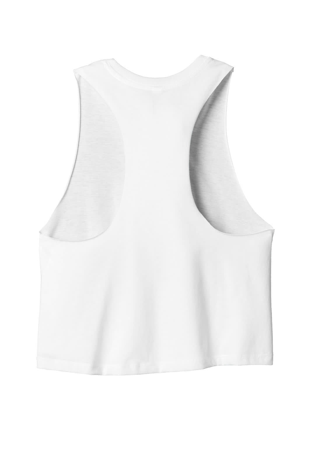 A white women's racerback cropped tank top with a loose fit and wide armholes, featuring a logo on the back.