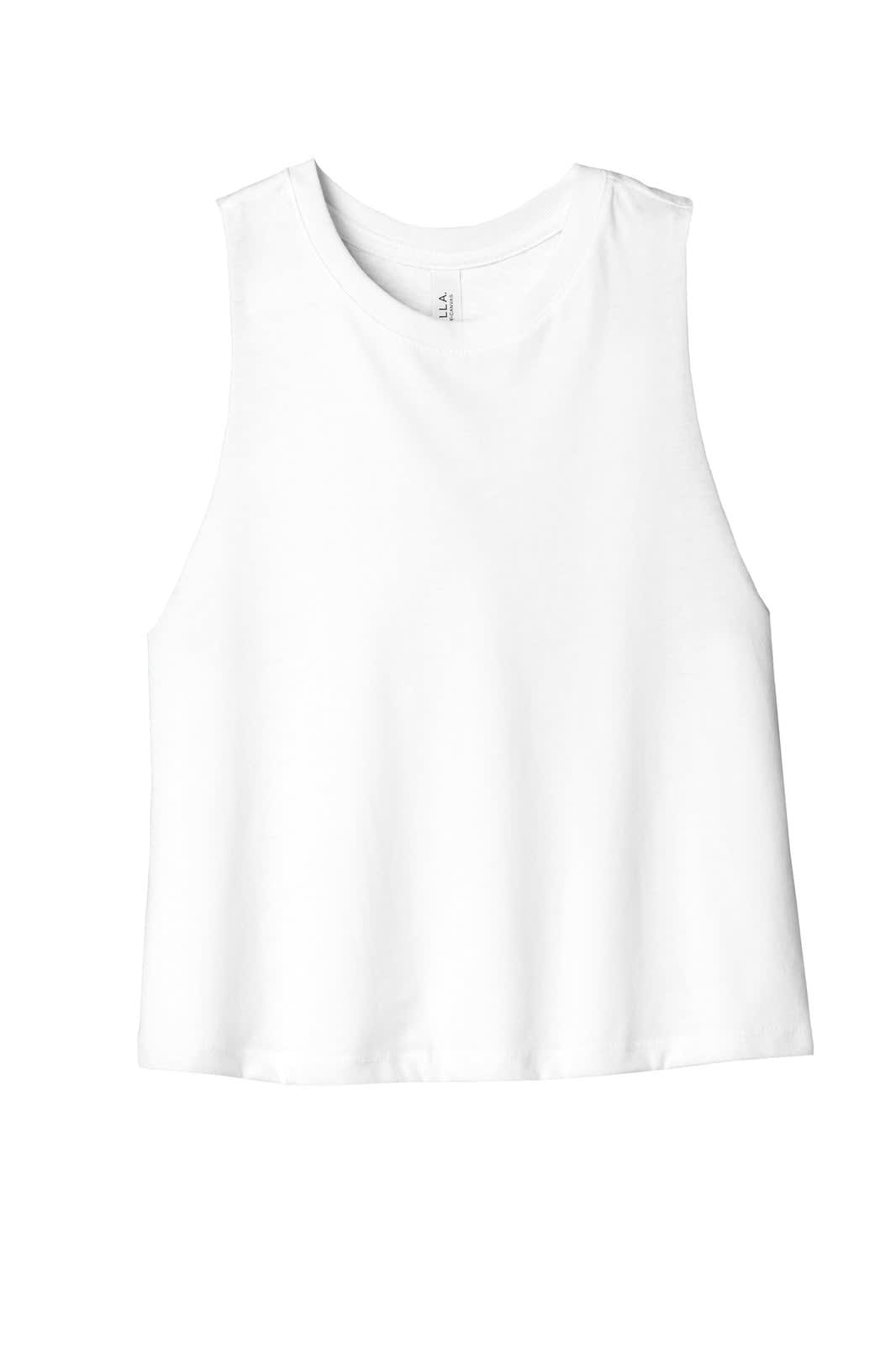A white women's racerback cropped tank top with a simple design, featuring a brand logo on the inside.