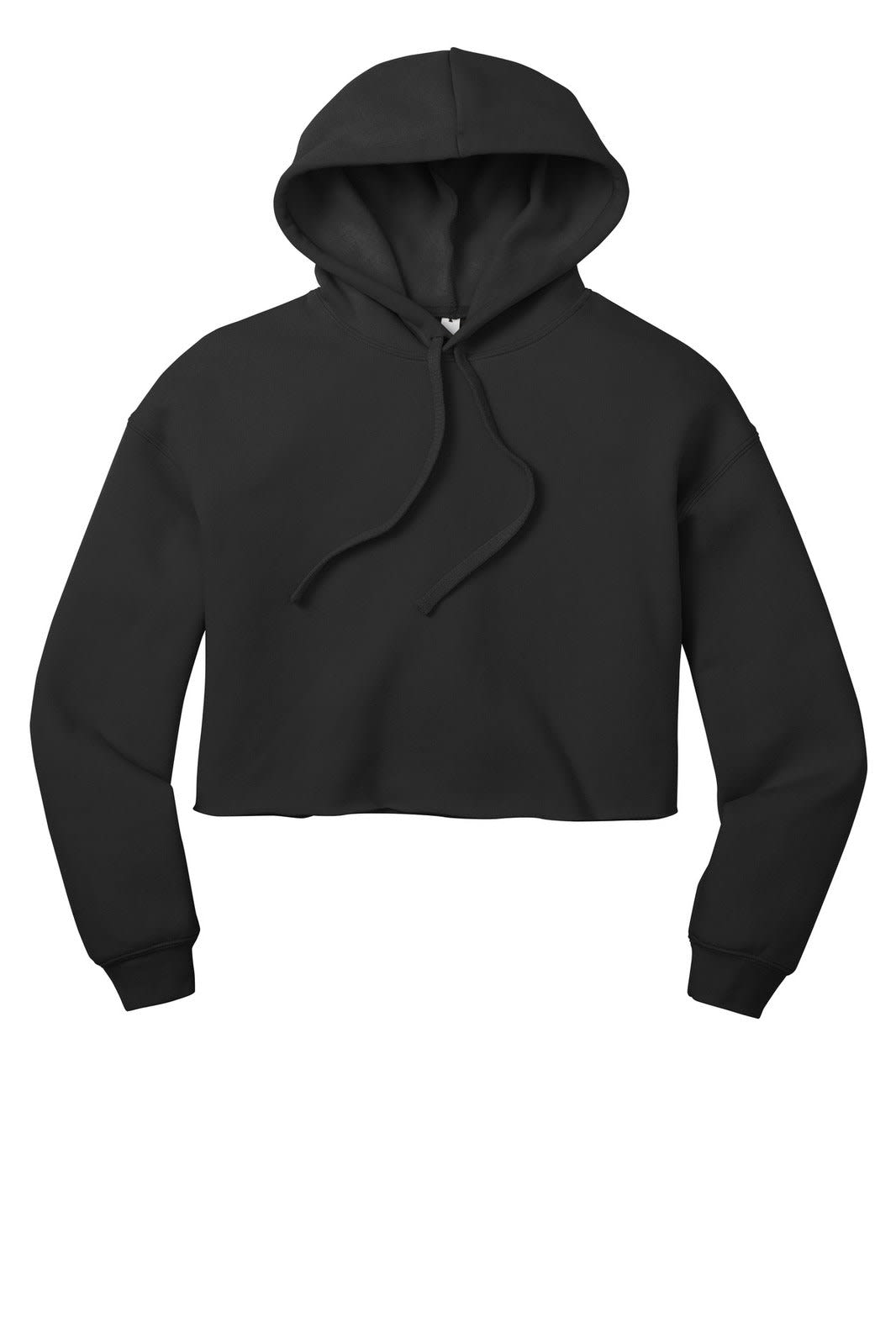 A cropped black hoodie with a drawstring hood and long sleeves, featuring a small logo.
