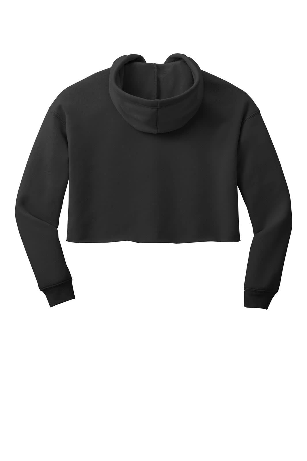 A women's cropped fleece hoodie in black, featuring a hood and long sleeves. It includes a logo on the garment.