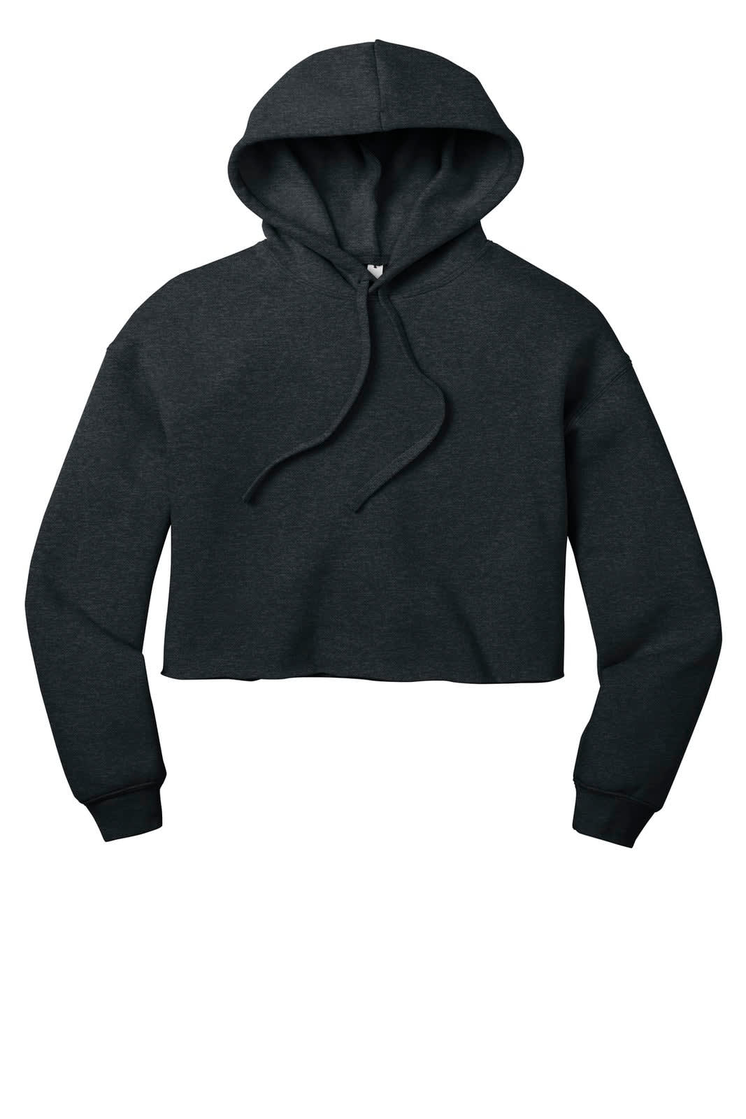 A cropped fleece hoodie in dark grey featuring a hood and drawstring. It has a minimalist design and includes branding.