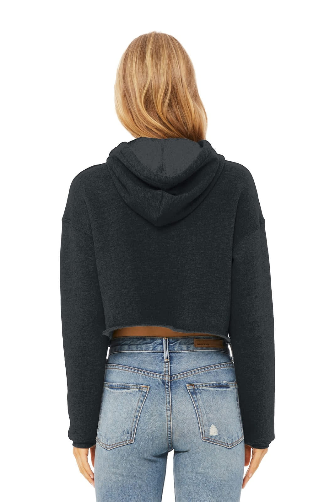 A women's cropped fleece hoodie in black, featuring a hood and long sleeves, shown from the back.
