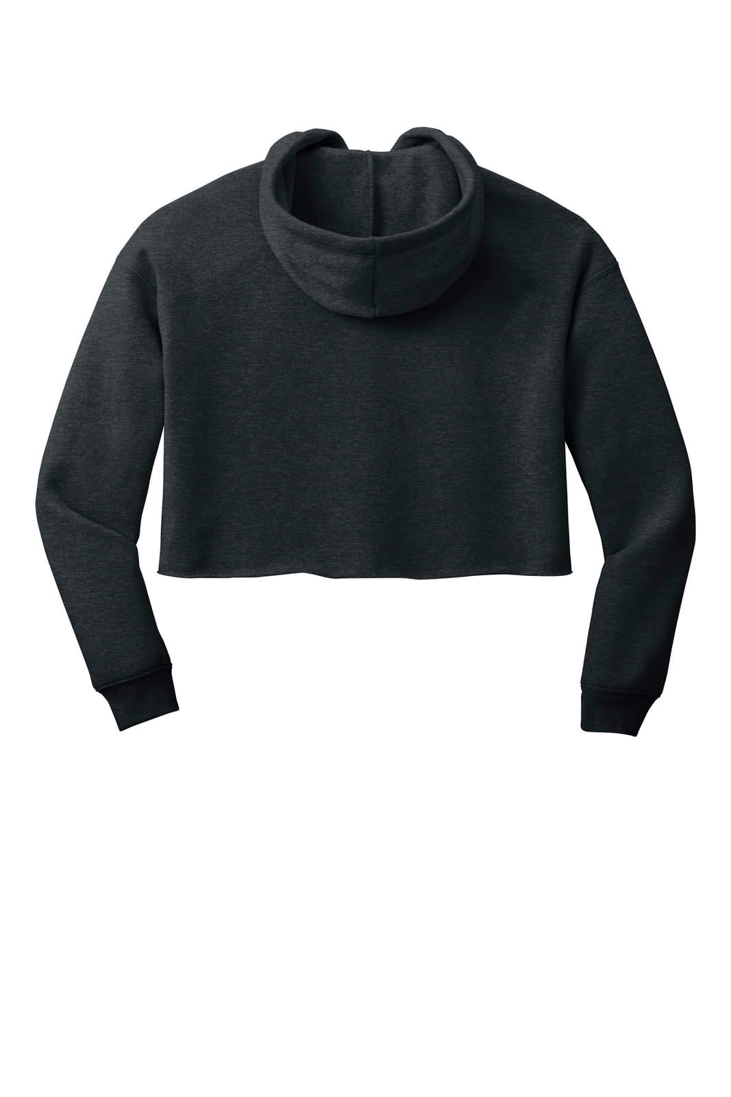 A cropped fleece hoodie in dark grey with a hood and long sleeves, featuring a branding logo.