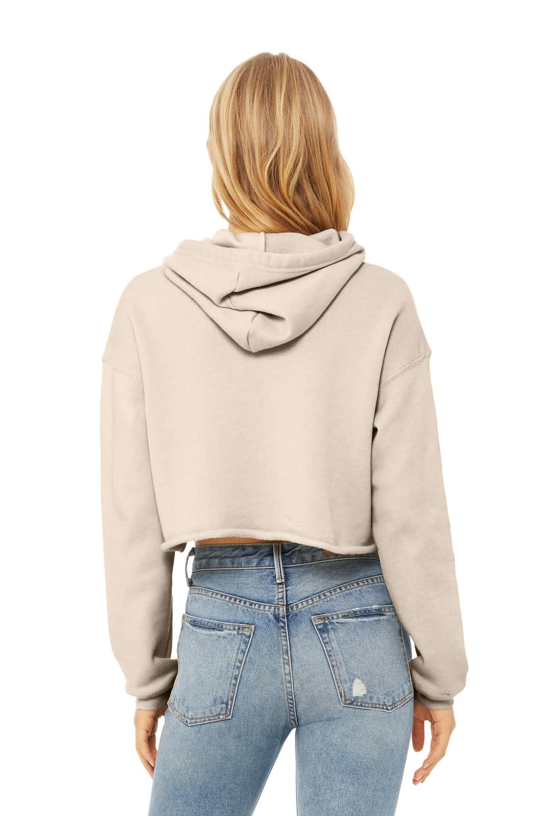 A cropped fleece hoodie in a light beige colour, featuring a back view with a hood and loose fit.