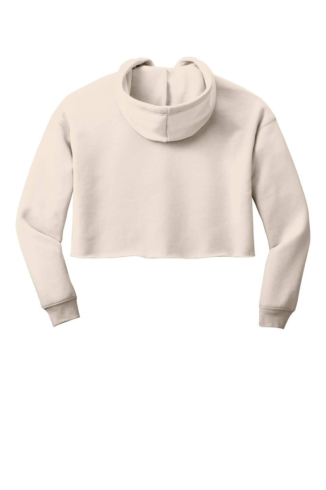 A cropped fleece hoodie in a light cream colour, featuring a hood and long sleeves. Includes branding.