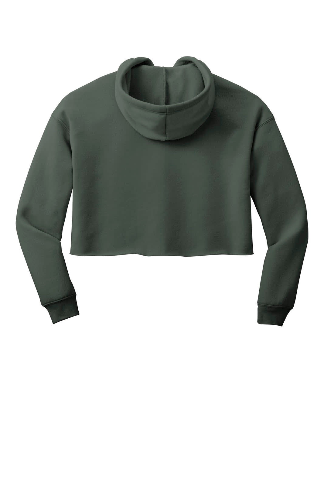 A cropped women's fleece hoodie in dark green, featuring a drawstring hood and ribbed cuffs. It has a logo.
