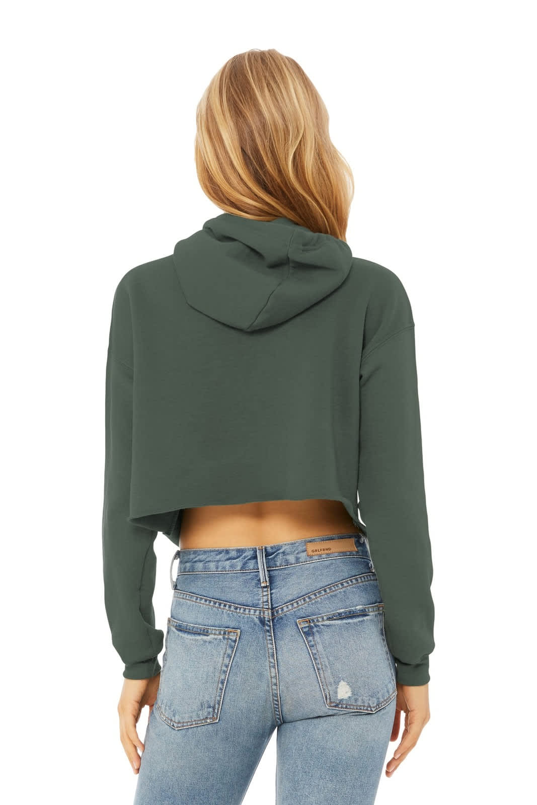 A cropped fleece hoodie in dark green, featuring a hood and long sleeves, with a logo on the back.