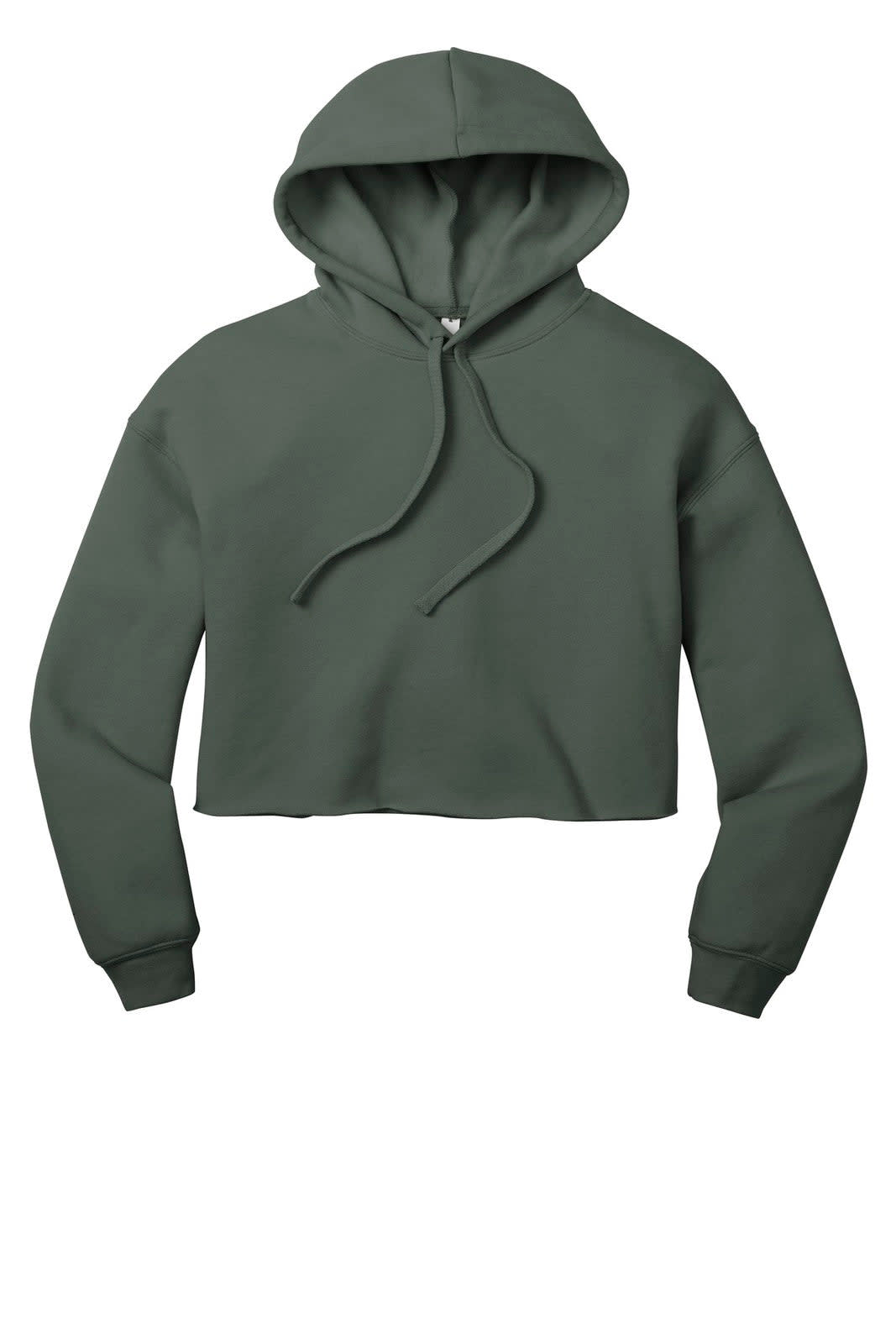 A cropped fleece hoodie in dark green, featuring a hood and drawstrings. It has a logo on the front.