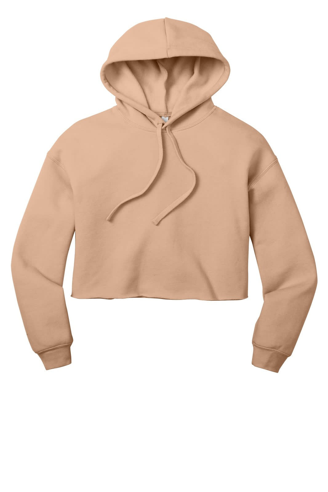 A cropped fleece hoodie in a warm beige colour with a hood and drawstrings. It features long sleeves and a relaxed fit.