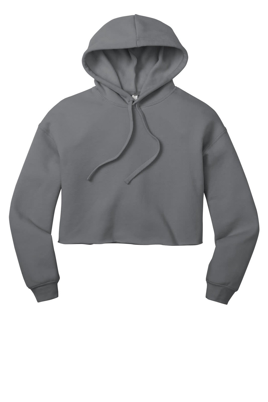 A cropped fleece hoodie in grey with a hood and drawstrings, featuring long sleeves and a relaxed fit.