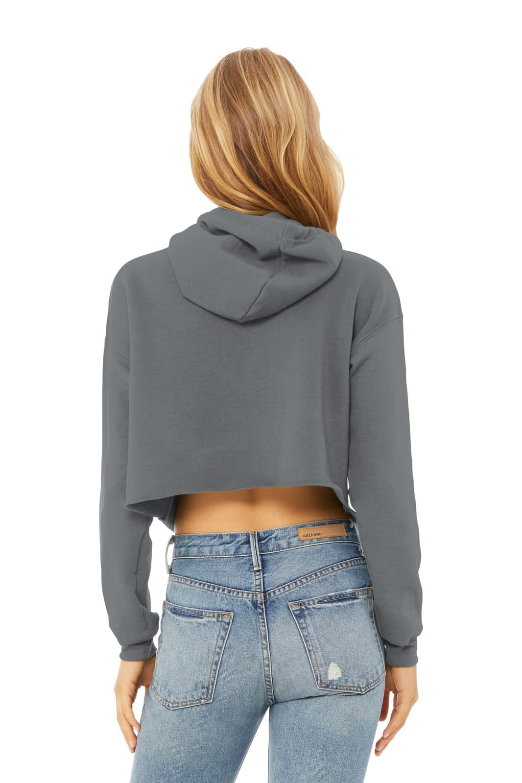 A grey cropped fleece hoodie with a hood, featuring long sleeves and a back view.