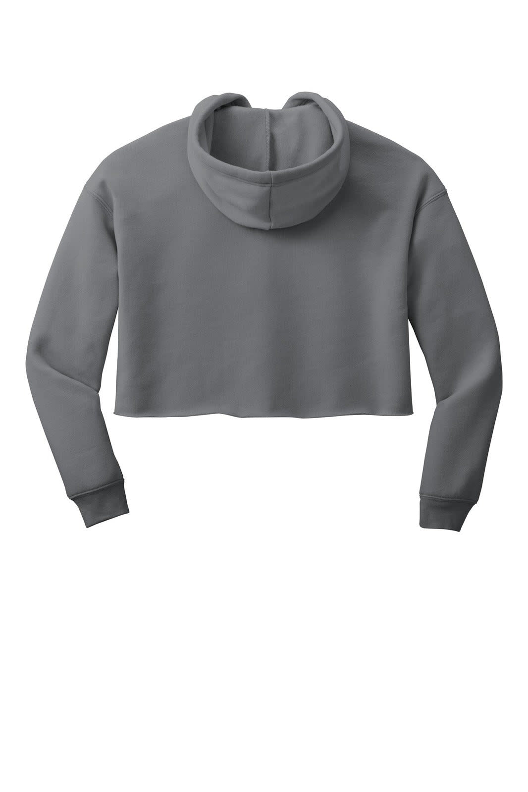 A cropped fleece hoodie in grey with a hood and long sleeves, featuring a branding logo.