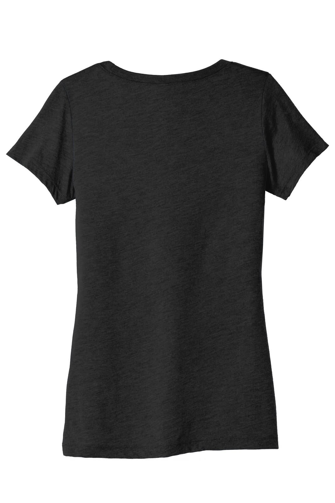 A black women's triblend short sleeve tee with a crew neckline and a relaxed fit. Features branding on the exterior.