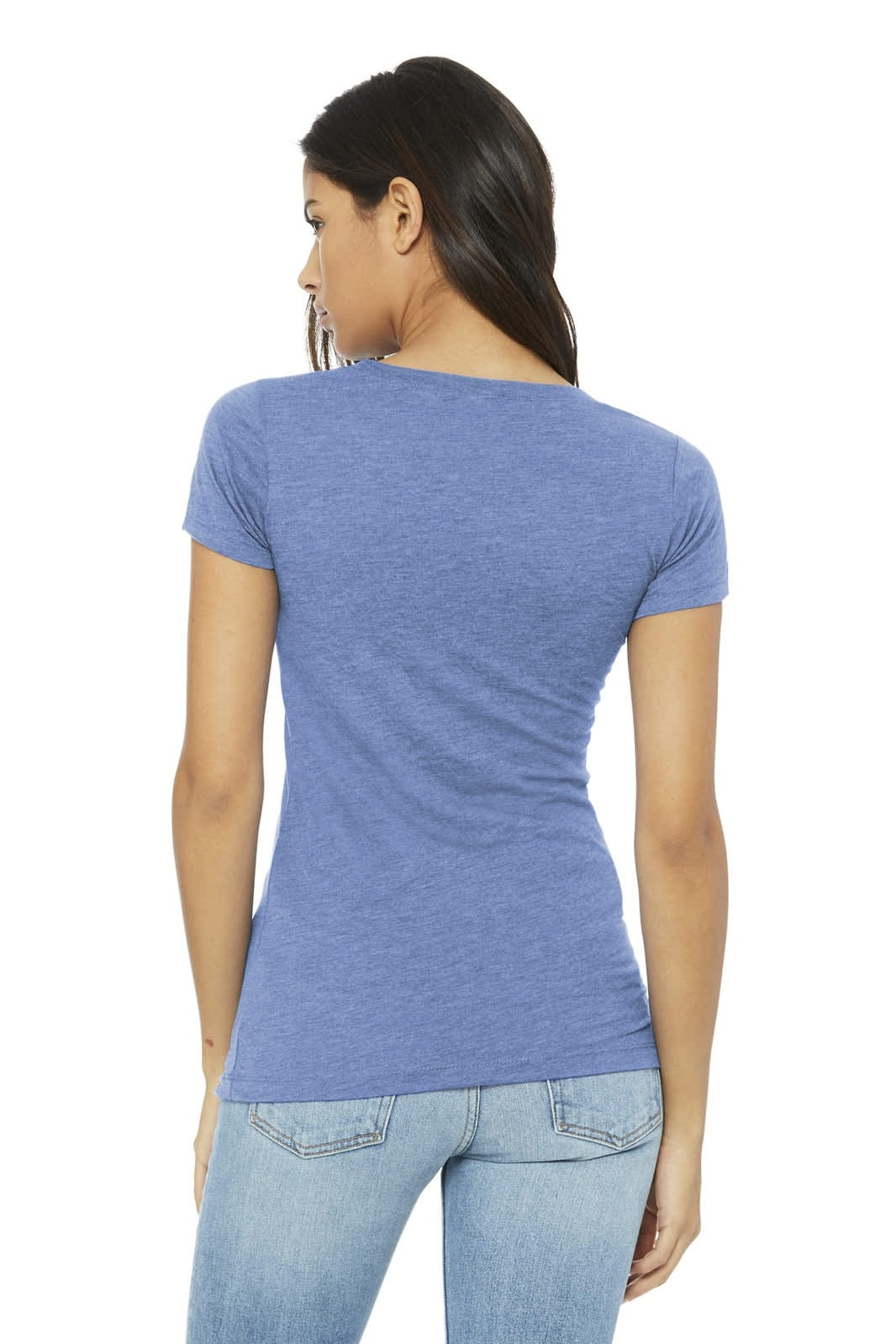 A woman wearing a blue BELLA+CANVAS women's triblend short sleeve tee, viewed from the back, paired with jeans.