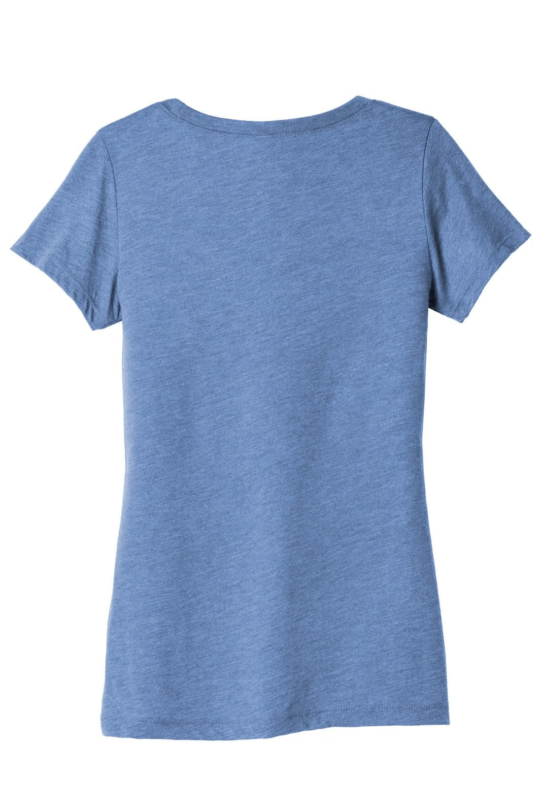 A blue women's triblend short sleeve tee featuring a simple, classic design and a branding logo on the back.