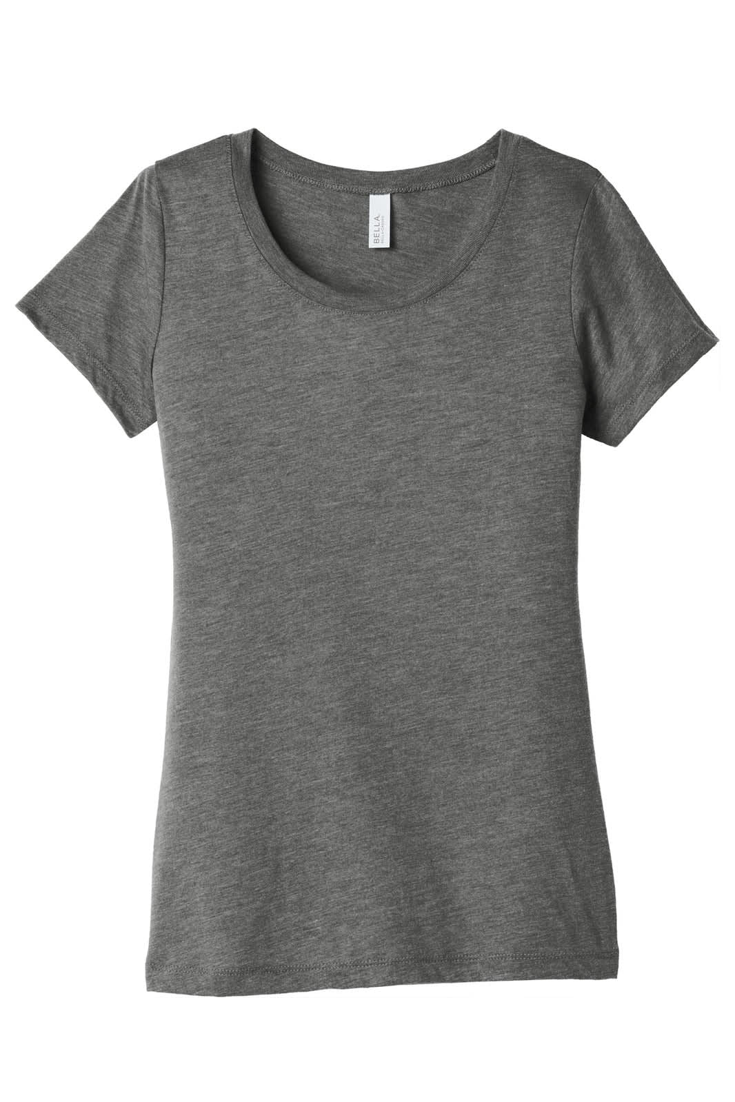 A grey women's triblend short sleeve tee with a scoop neckline and a branding label at the collar.