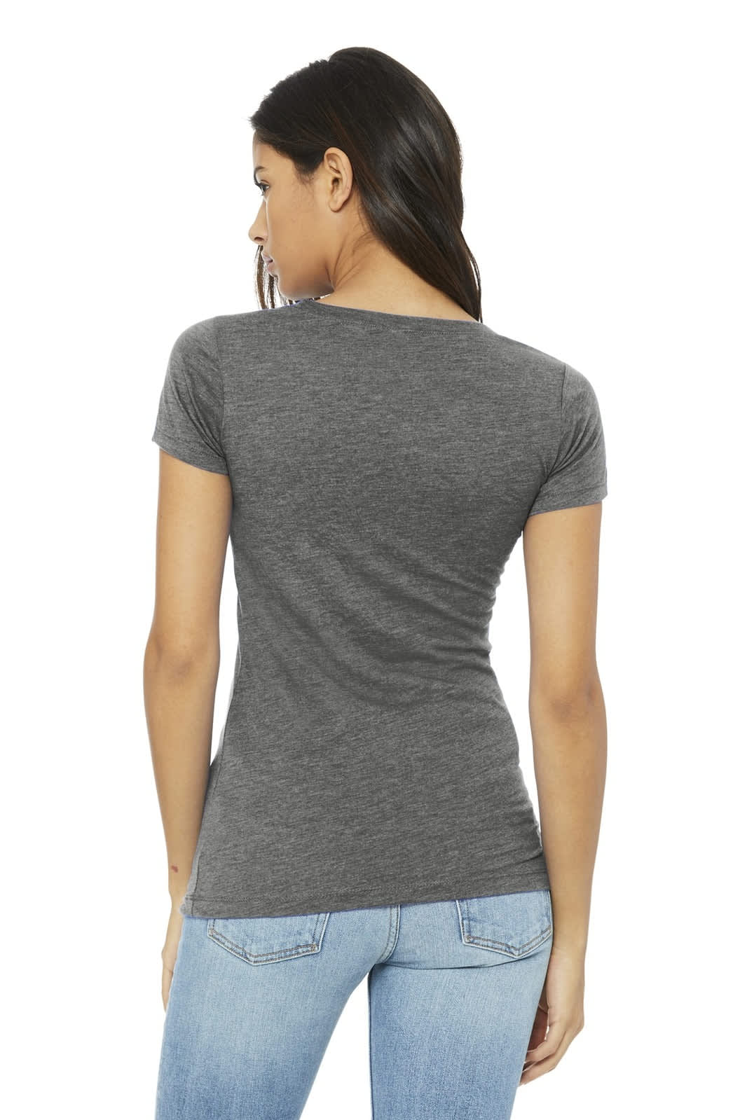A grey women's triblend short sleeve tee, featuring a fitted design and a logo on the back.