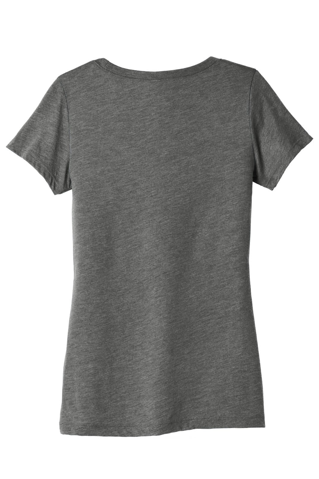 A women's short sleeve tee in heather grey, featuring a simple back design and a brand logo.