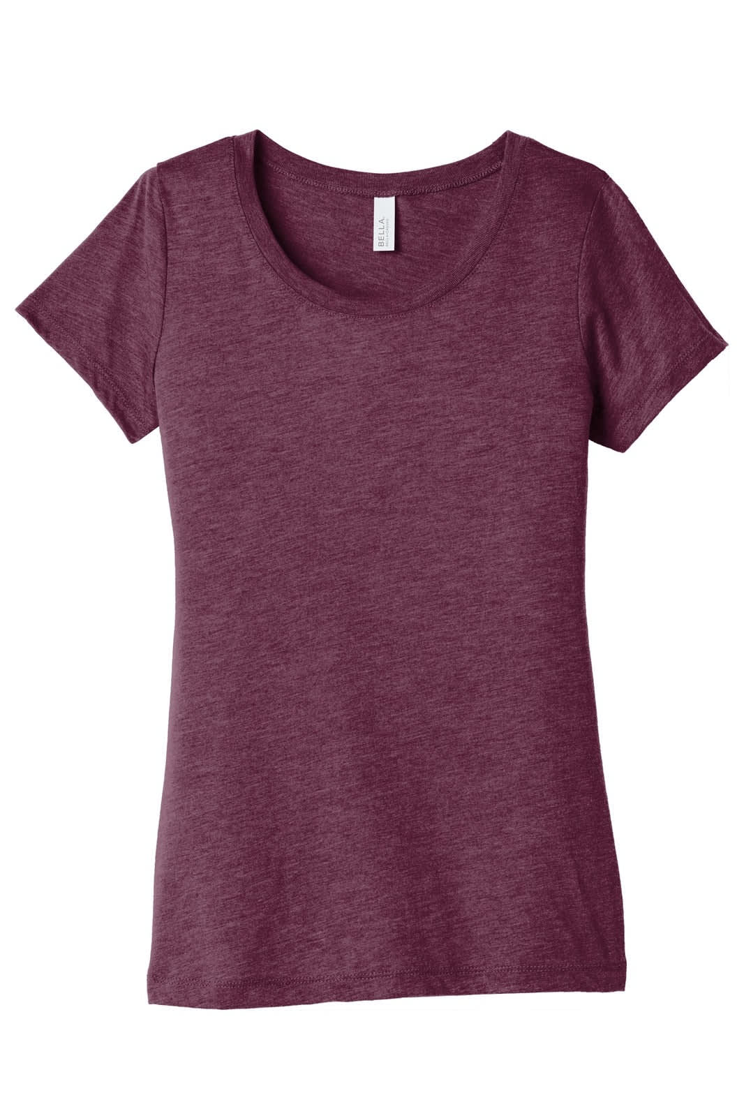 A women's triblend short sleeve tee in a deep burgundy colour. It features a round neck and a logo.