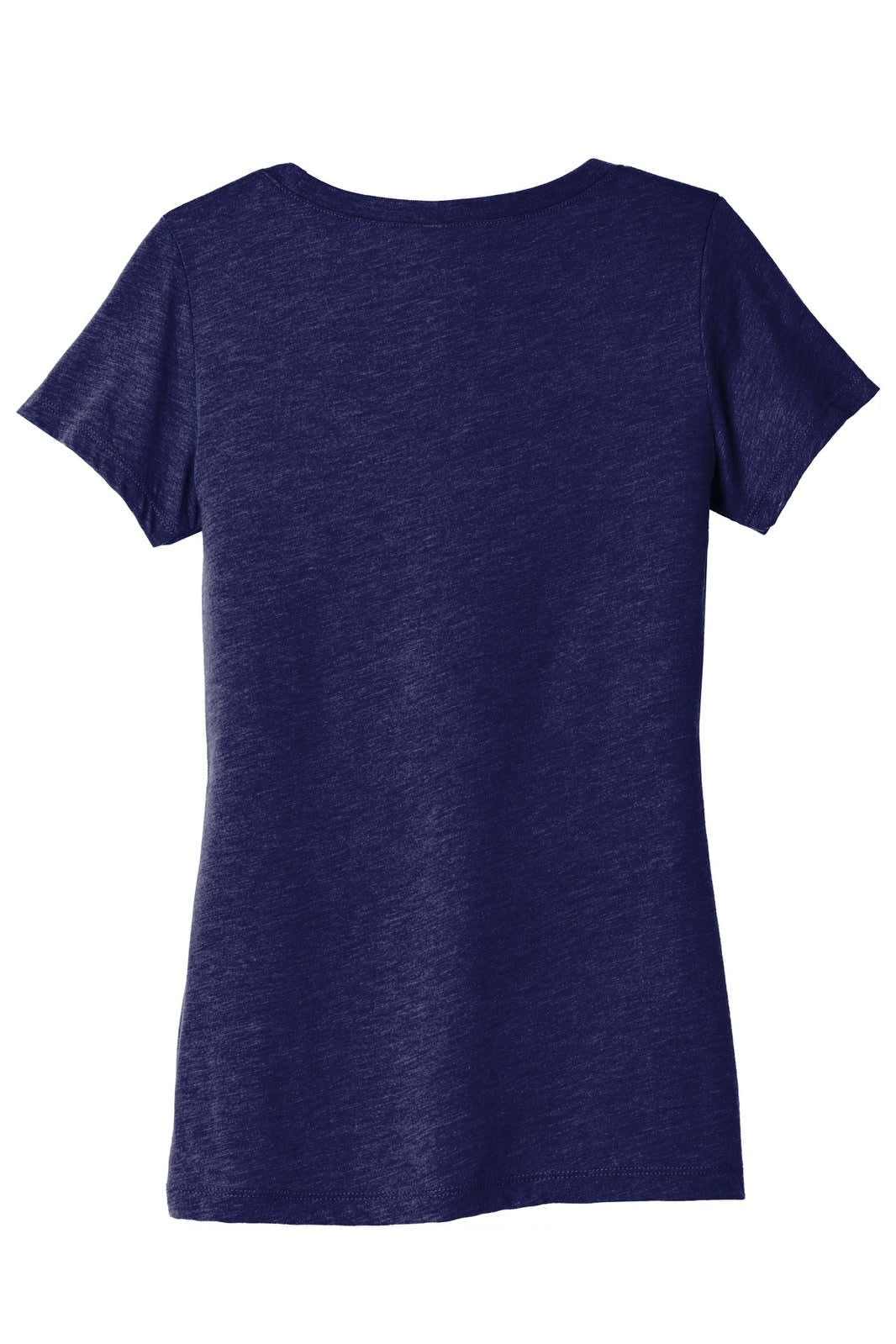 A women's short sleeve t-shirt in a navy blue triblend fabric, featuring a simple back design and a soft texture.
