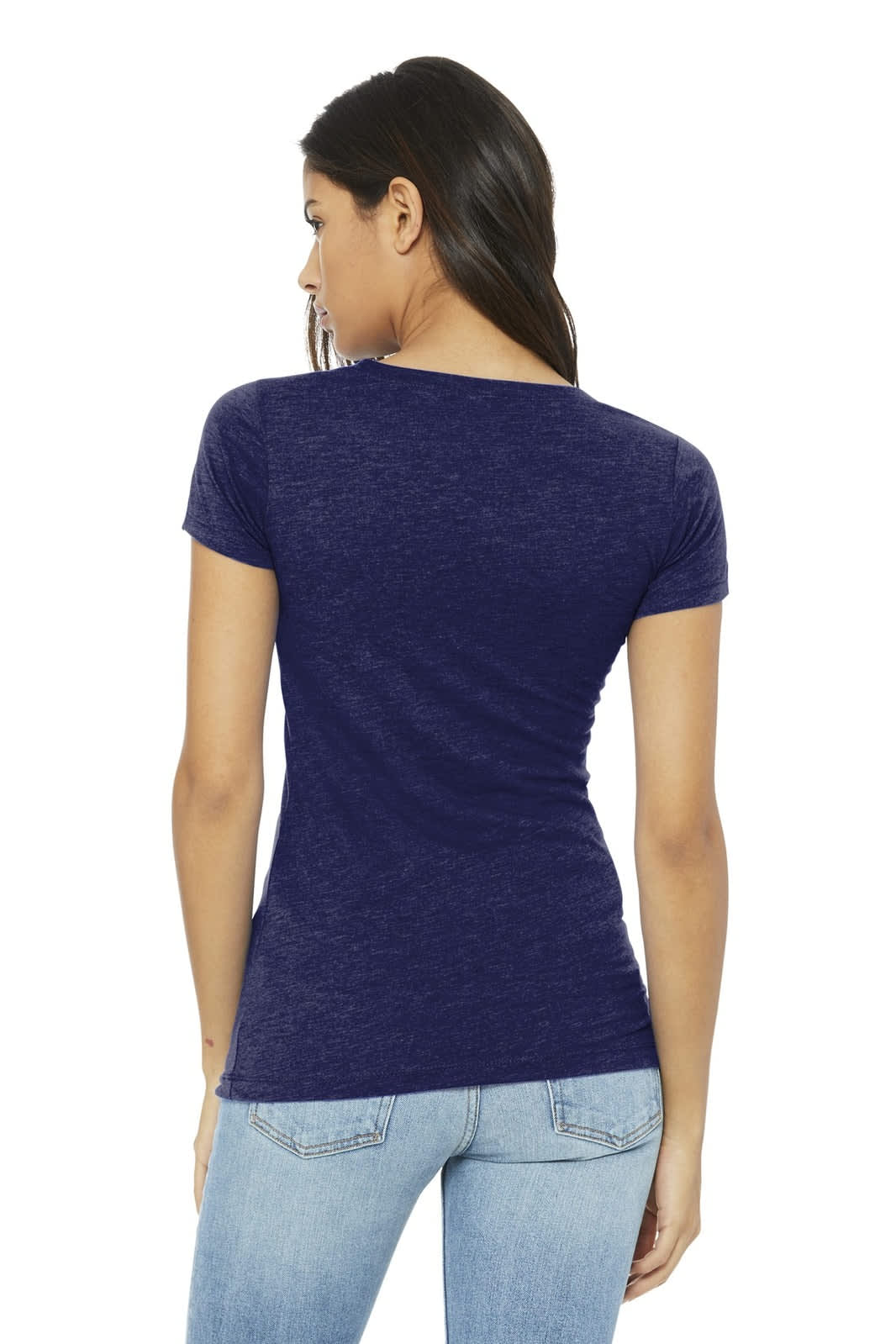A women's navy triblend short sleeve tee with a fitted design, featuring a branding logo on the back.
