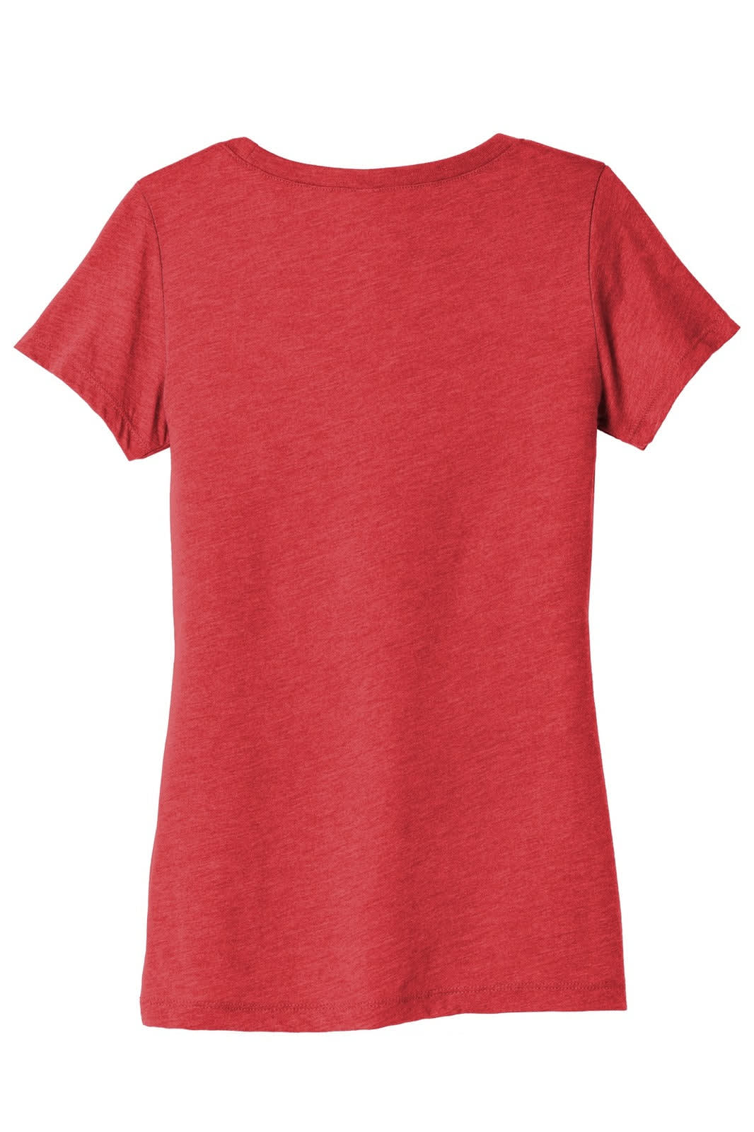 A red women's triblend short sleeve tee featuring a rounded neckline and a back view. It has a logo on the label.